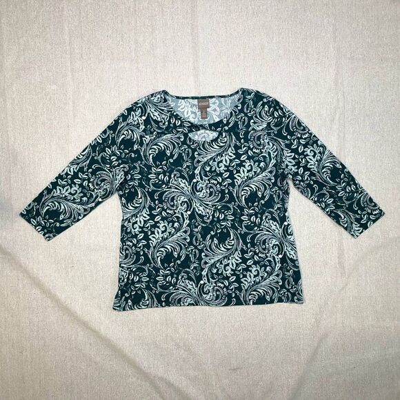 Chico's | Green Scroll Print 3/4 Sleeve Top | Large - Picture 1 of 5